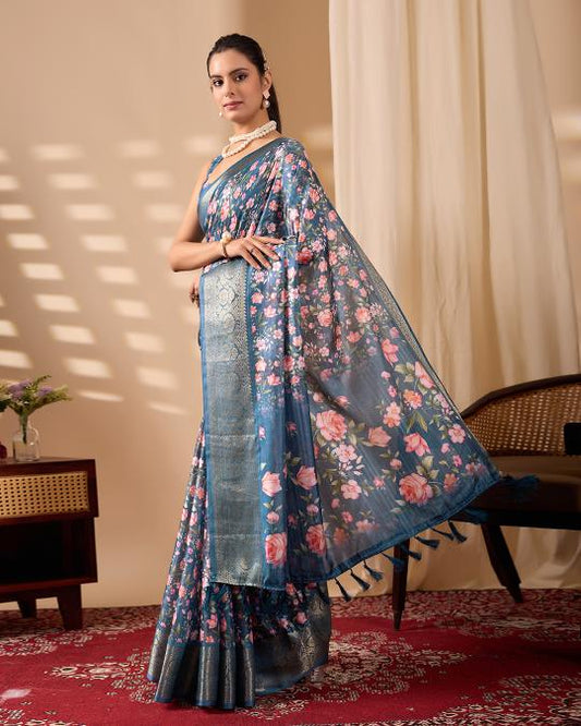 Premium Soft Silk Floral Printed Saree with Rich Silver Zari Woven Border