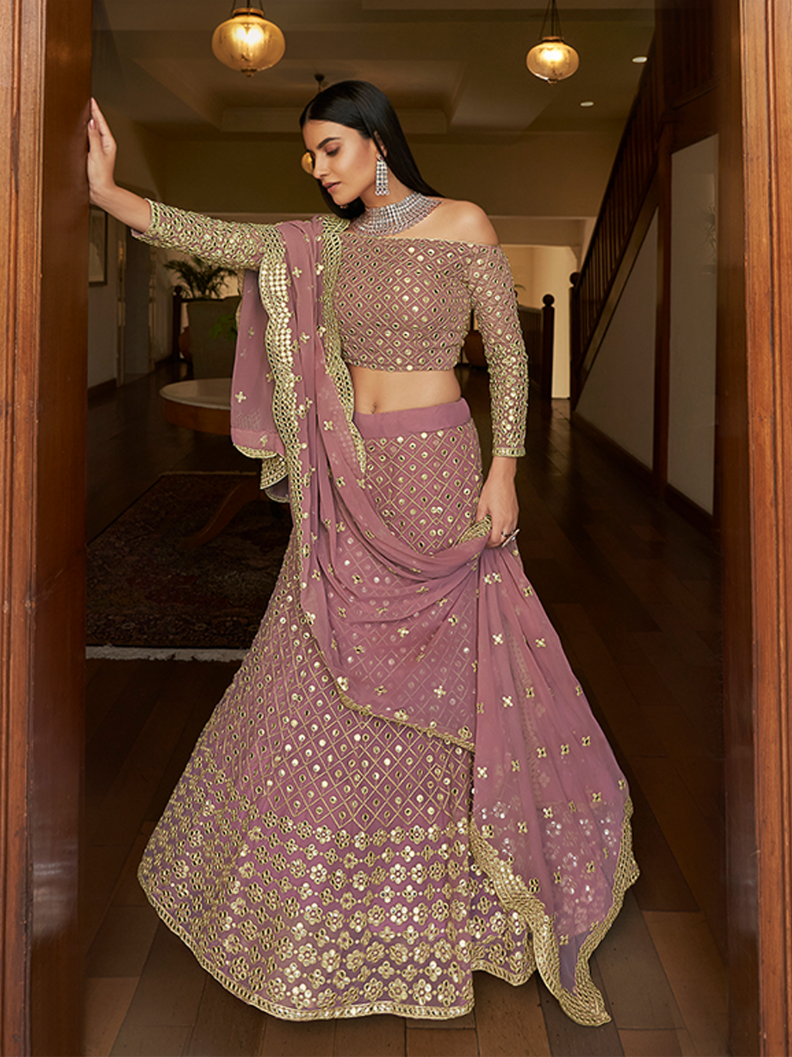 Purple Embroidered Georgette Semi Stitched Lehenga With Unstitched Blouse