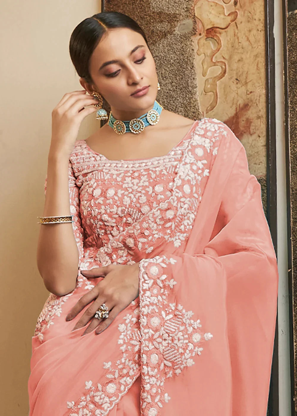 Peach Pink Organza Saree With Sequins, Resham & Cut-Work