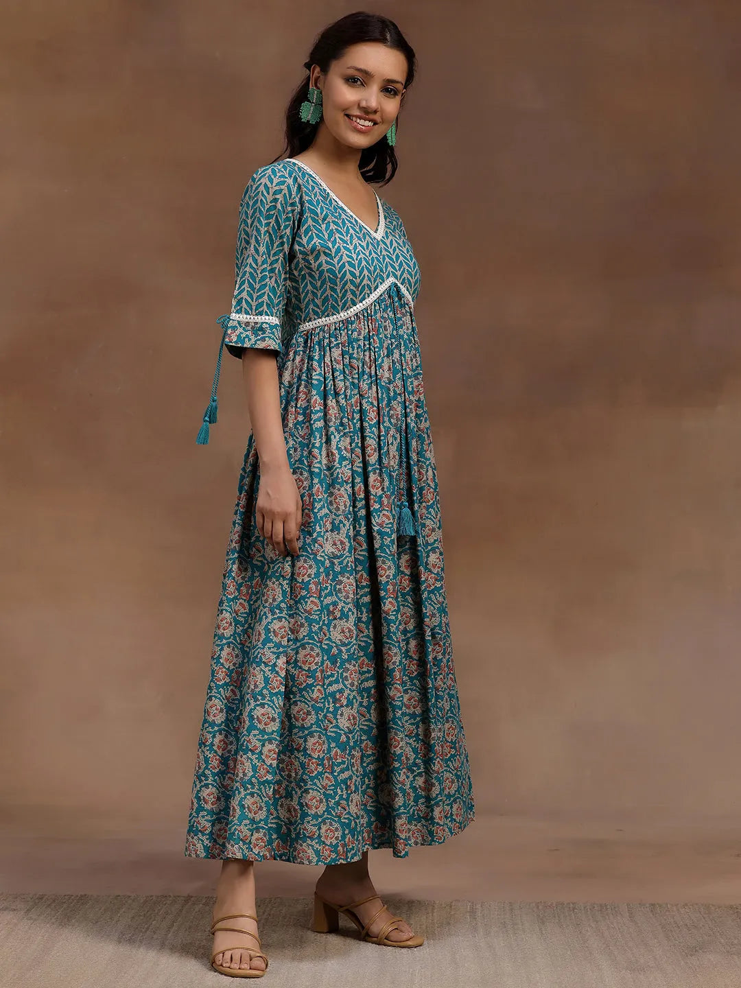 Libas Green Printed Cotton Fit and Flare Dress