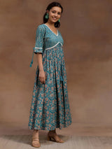 Libas Green Printed Cotton Fit and Flare Dress
