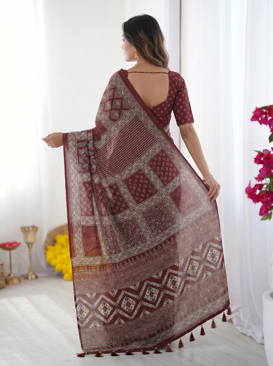 Maroon modal silk saree with tribal geometric print designer ethnic pallu saree for festive cultural wear