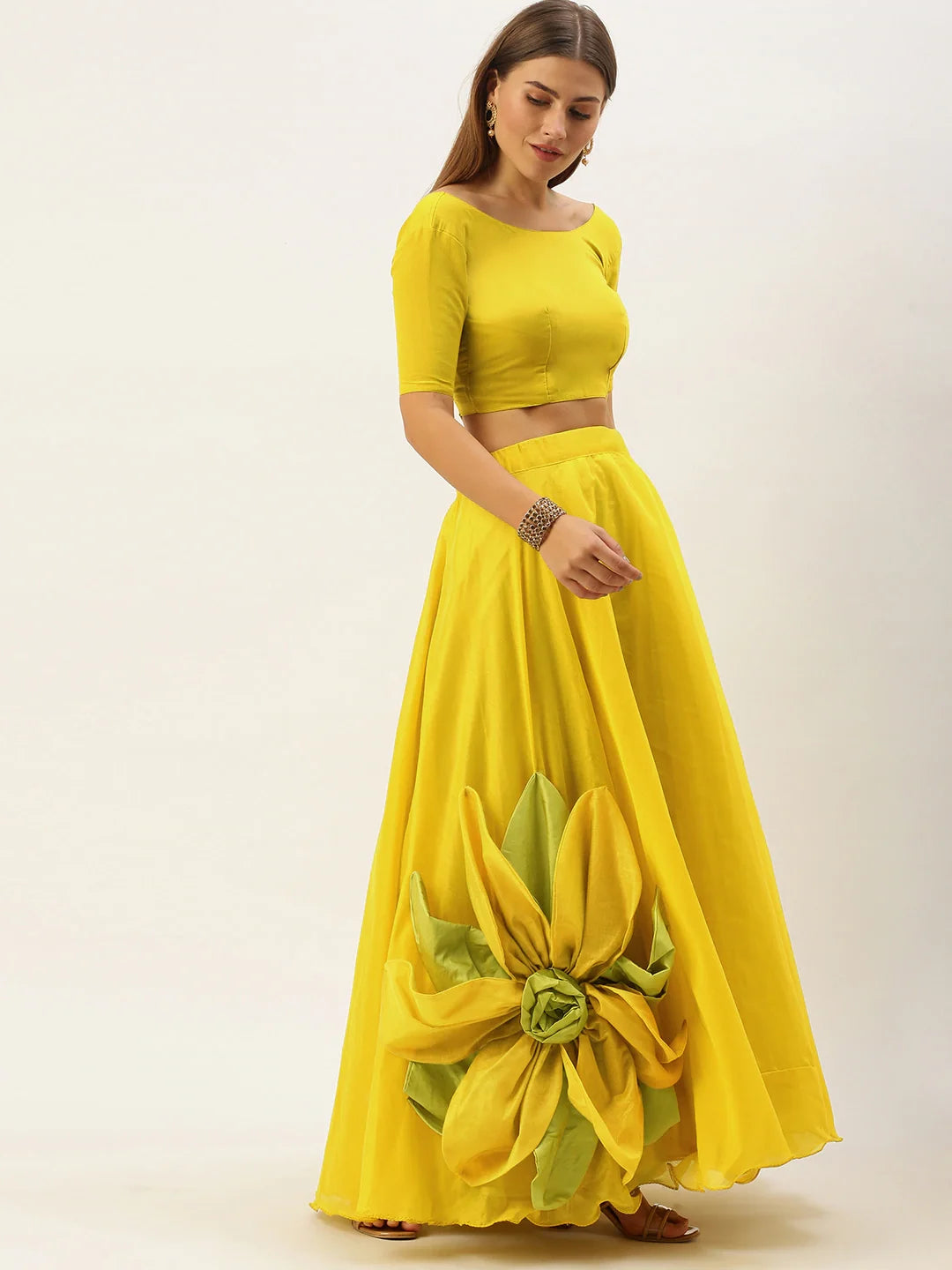 Yellow Silk Lehenga Choli with Flower attached