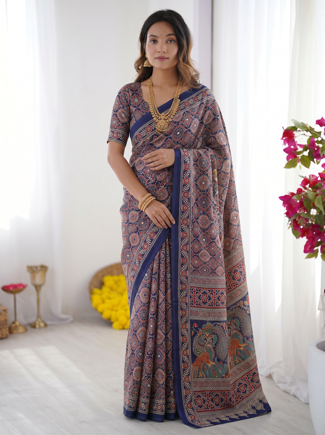 Royal blue modal silk saree with intricate ajrakh inspired geometric prints peacock artistic pallu traditional border