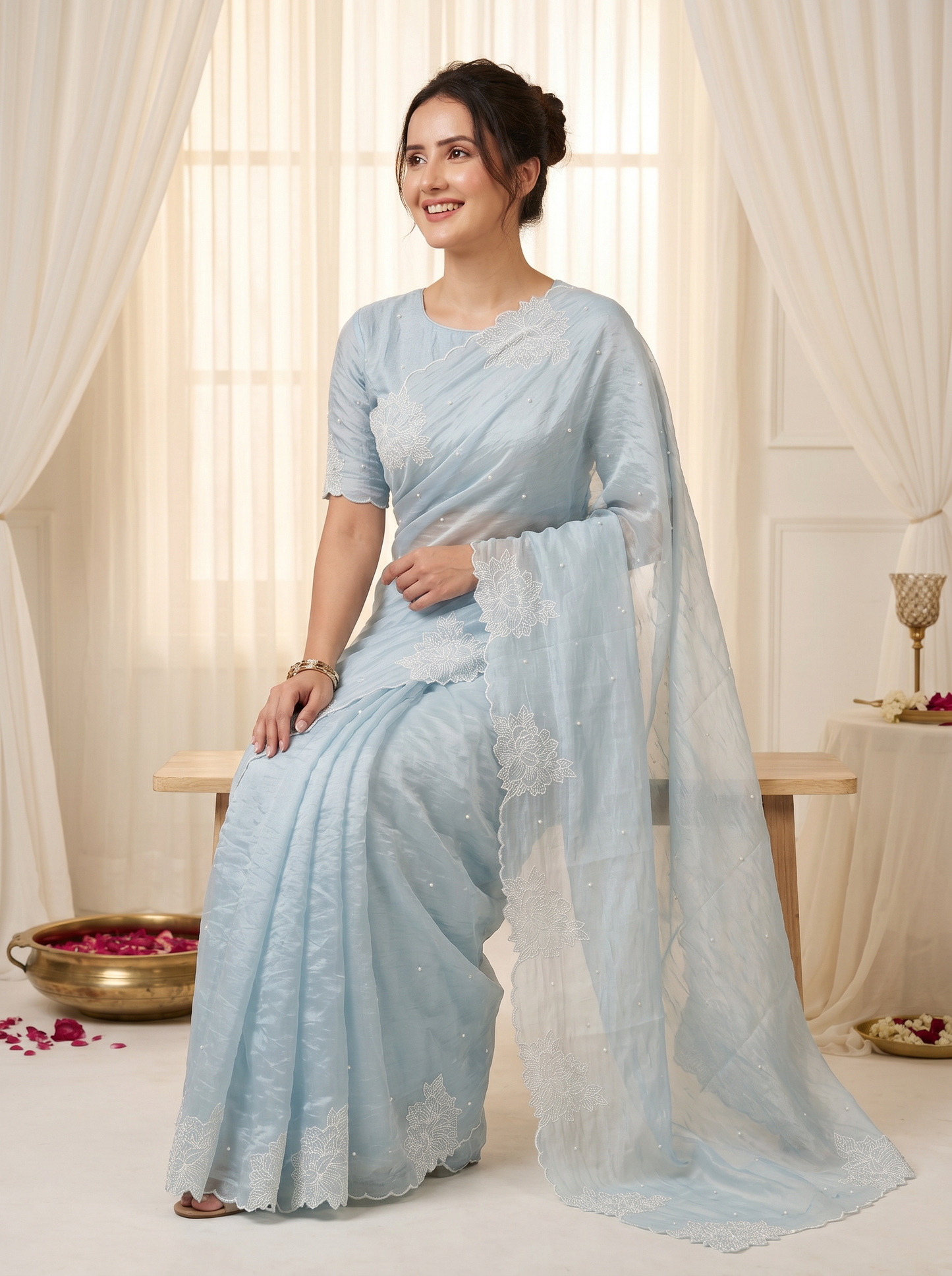 Sky Pure Raspberry Crush Silk Saree with Lucknowi Embroidery
