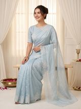 Sky Pure Raspberry Crush Silk Saree with Lucknowi Embroidery