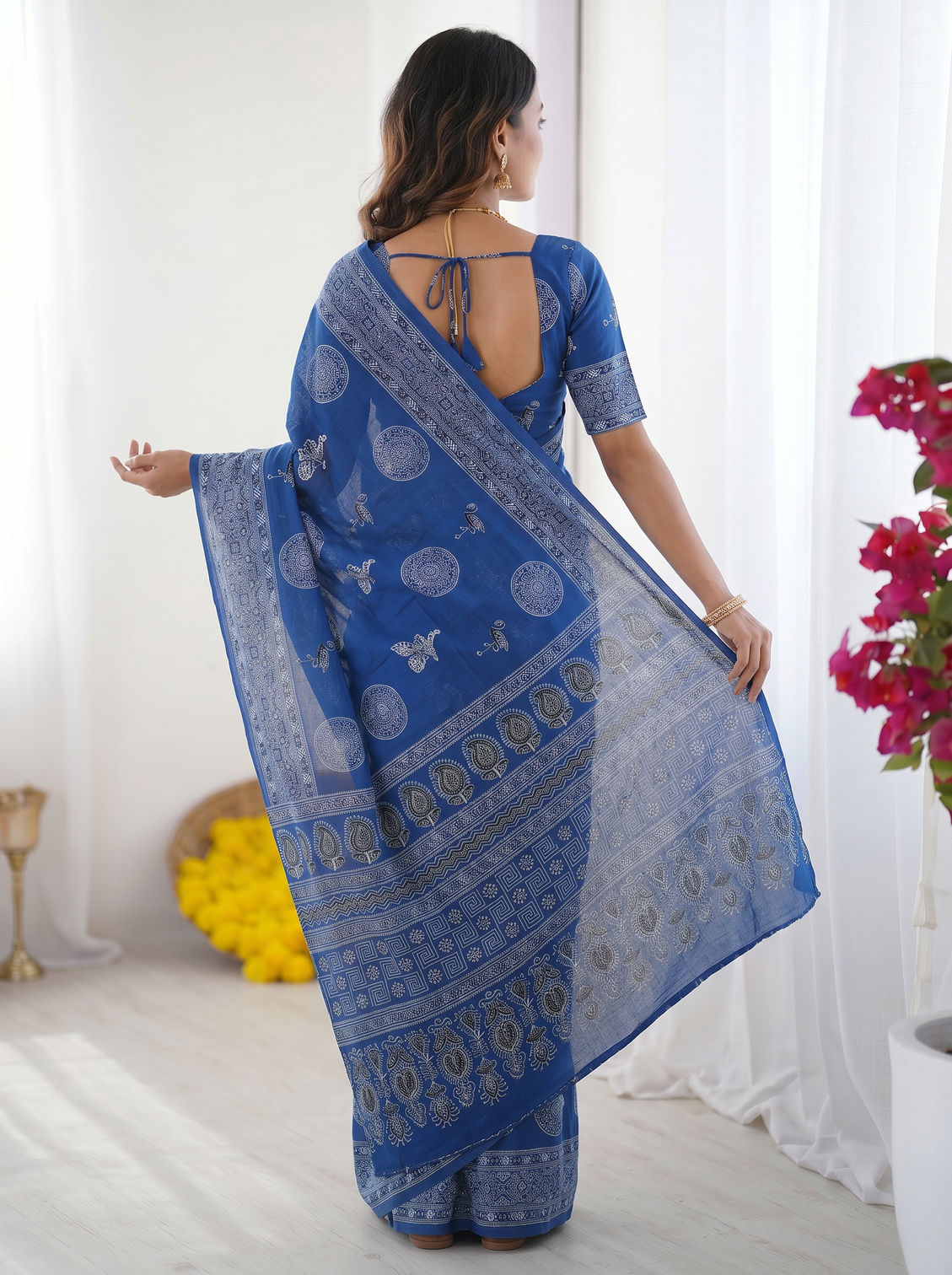 Royal blue modal silk saree with paisley circular motif print designer heritage pallu saree for festive wear
