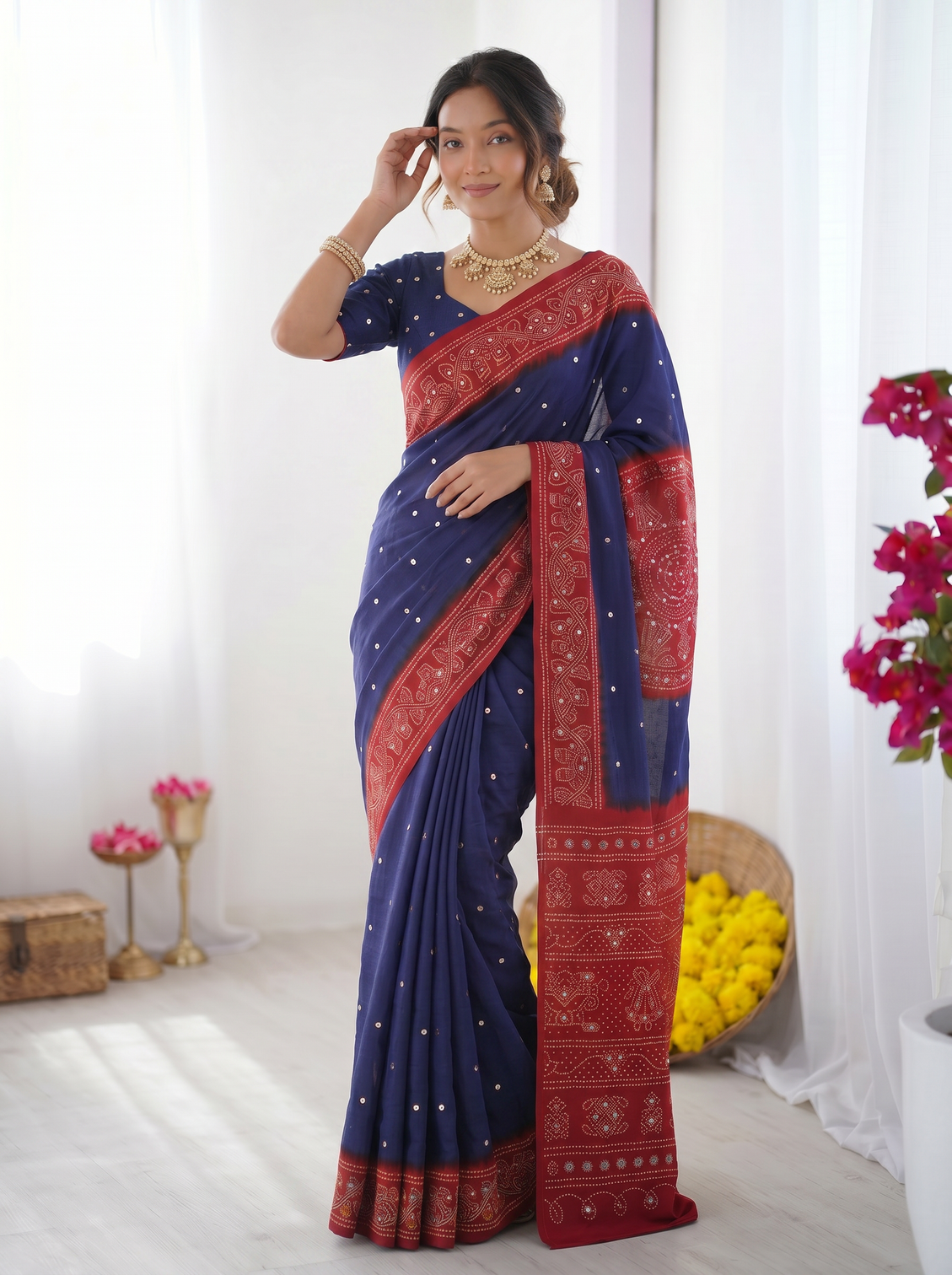 Royal blue crimson red bandhani inspired modal silk saree with traditional folk art pallu stone embellishments mameraa