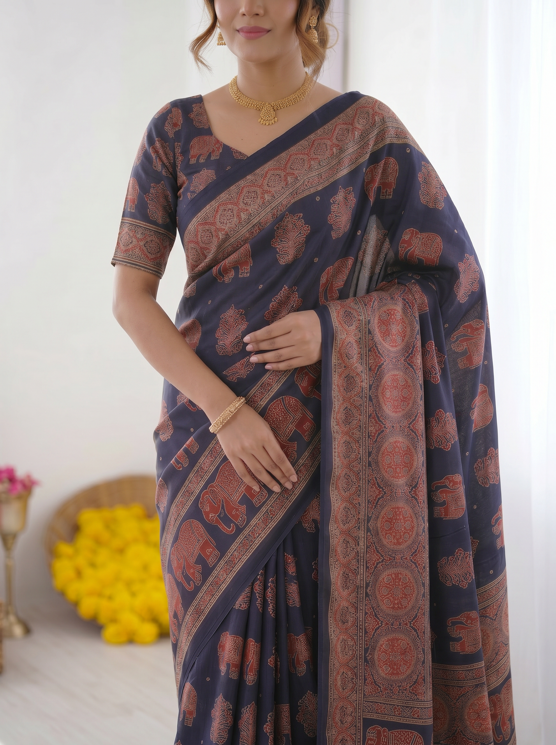 Navy blue modal silk saree with elephant motif ajrakh print heritage designer pallu traditional festive wear saree