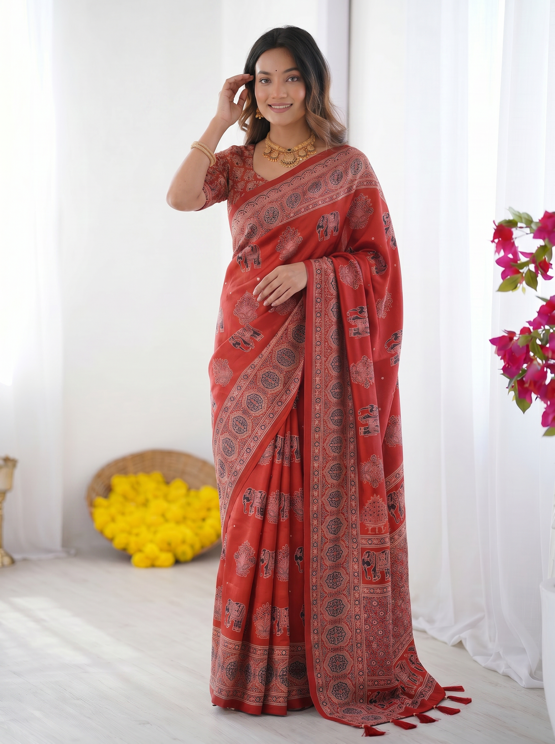 Rust red modal silk saree with elephant motif ajrakh print designer pallu traditional ethnic festive wear saree