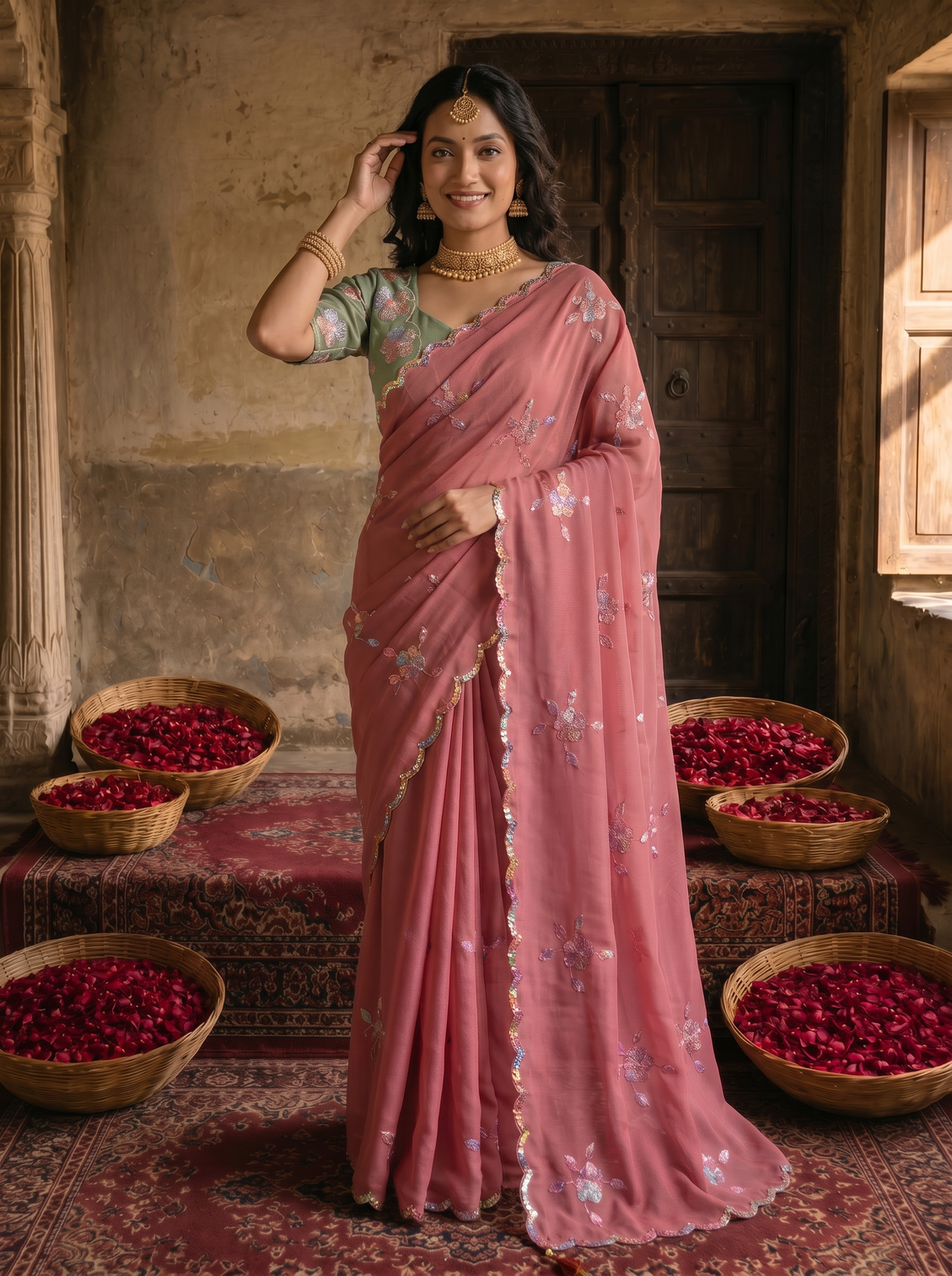 Dusty rose pink georgette embroidered saree with floral sequin work contrast designer blouse