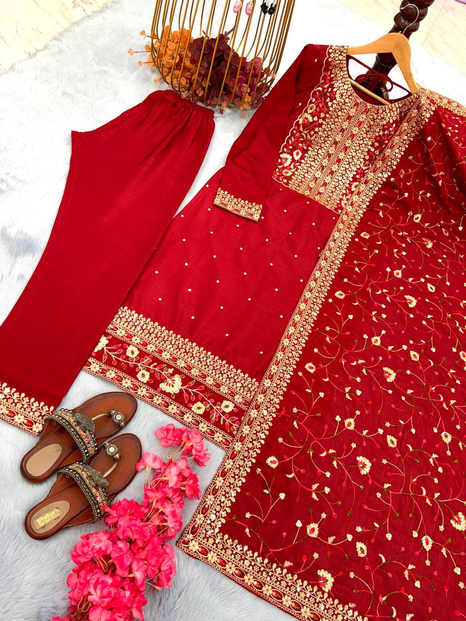 Red Premium Designer Readymade Suit Set Heavy Chinon Silk