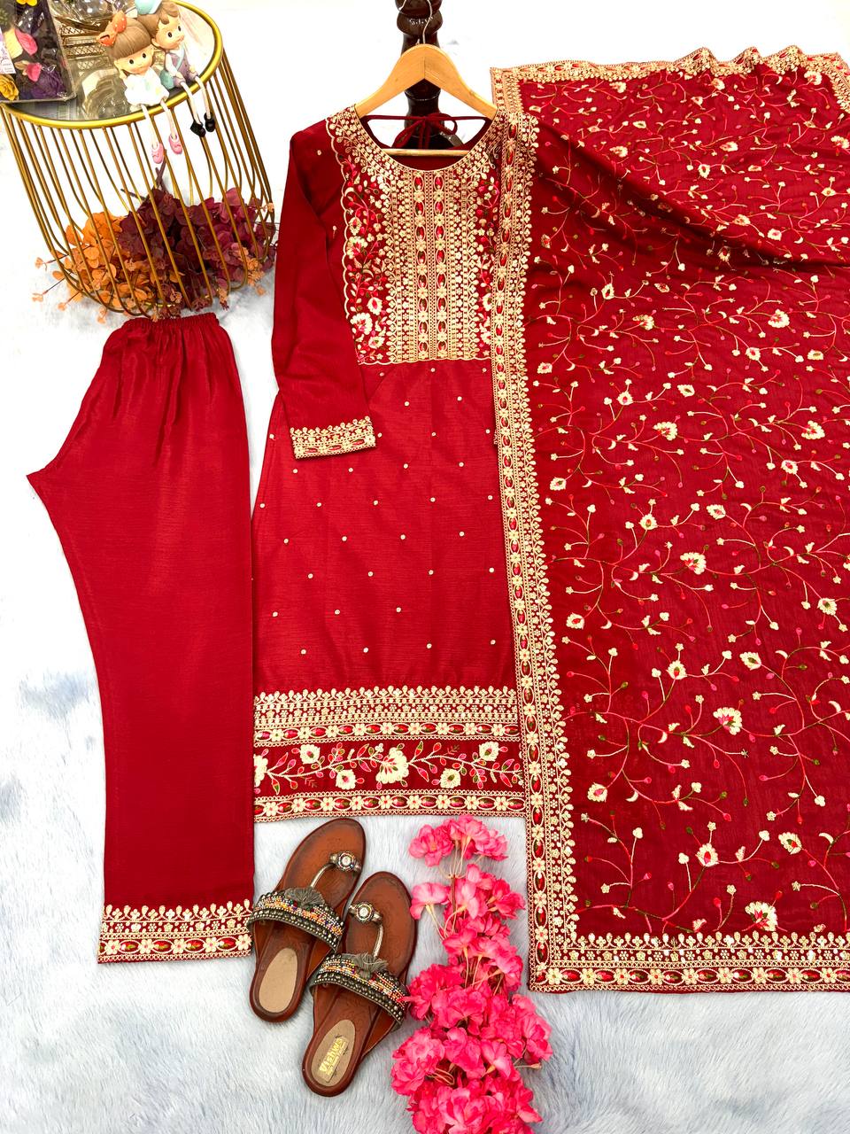 Red Premium Designer Readymade Suit Set Heavy Chinon Silk
