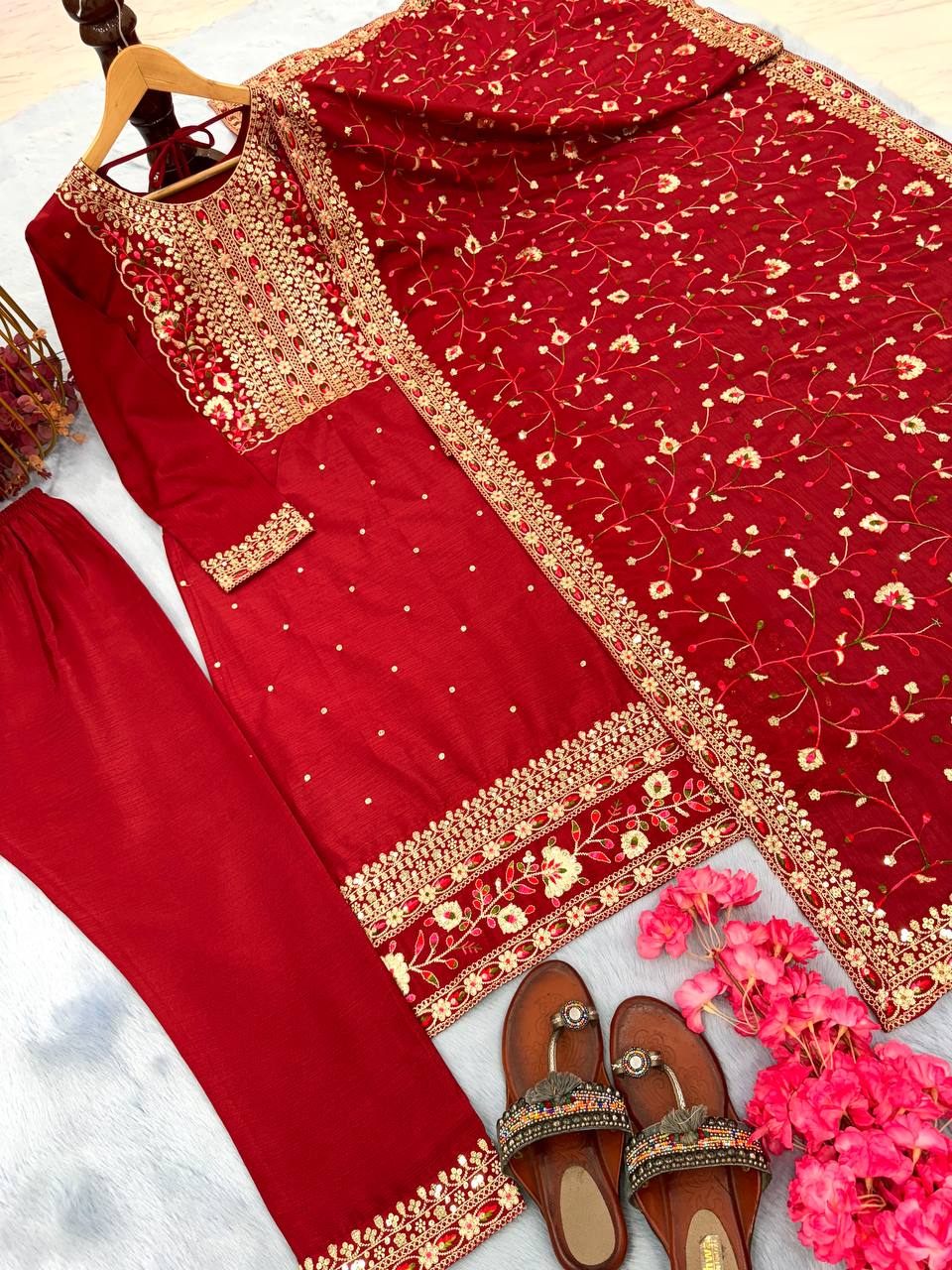 Red Premium Designer Readymade Suit Set Heavy Chinon Silk