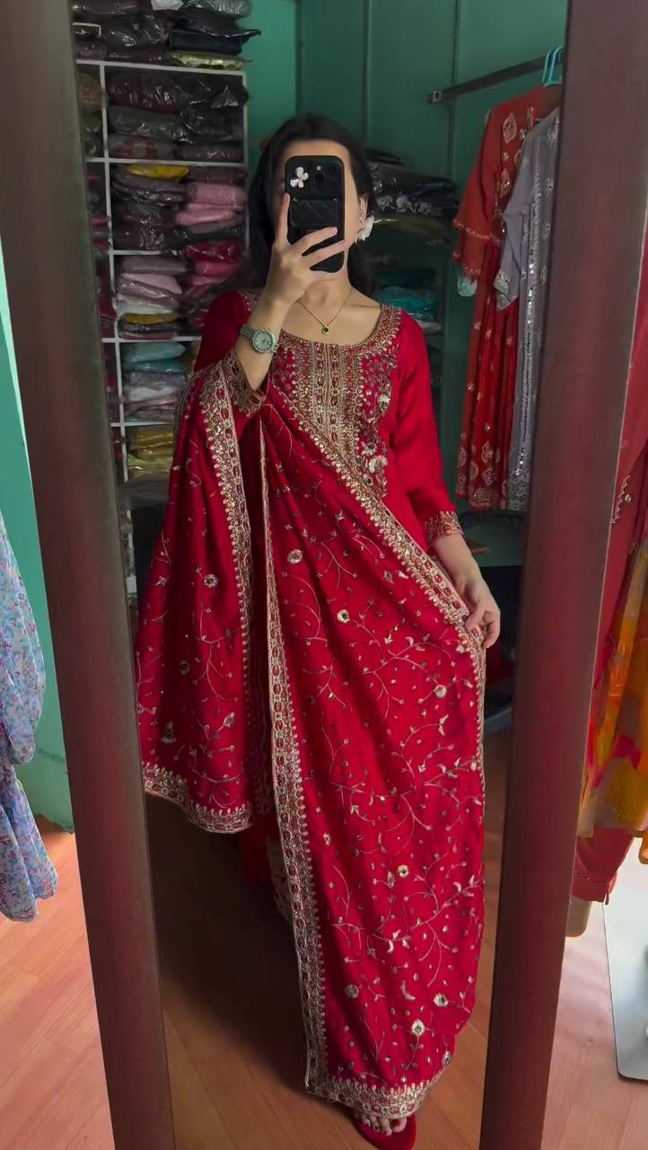 Red Premium Designer Readymade Suit Set Heavy Chinon Silk