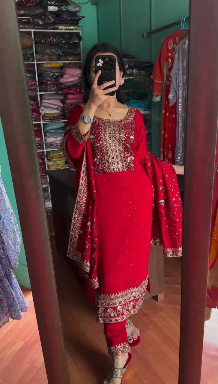 Red Premium Designer Readymade Suit Set Heavy Chinon Silk