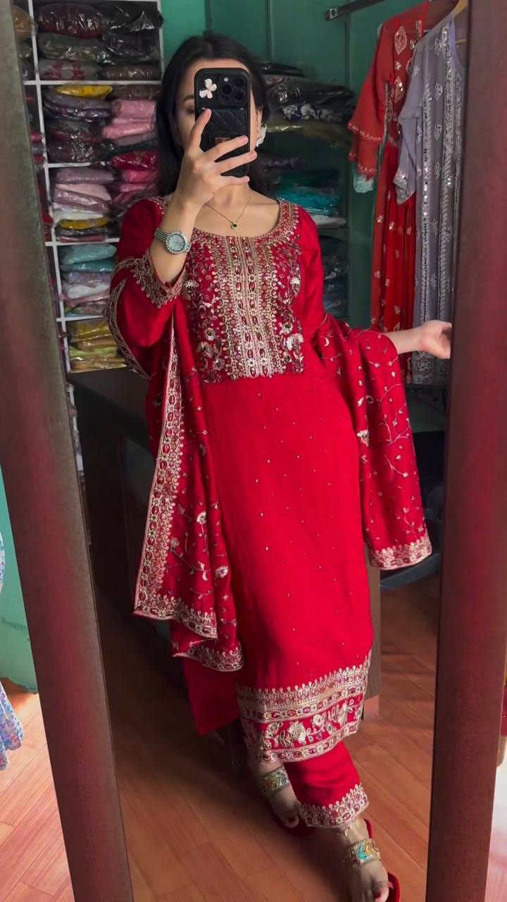 Red Premium Designer Readymade Suit Set Heavy Chinon Silk