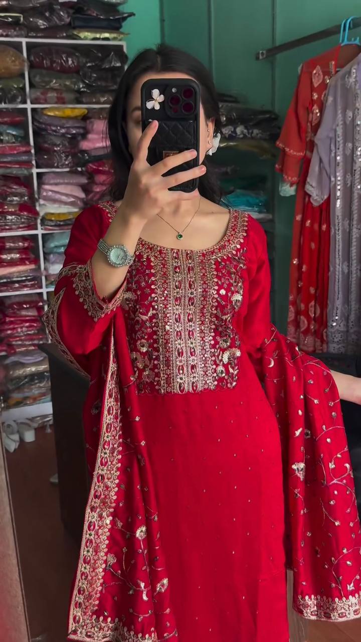 Red Premium Designer Readymade Suit Set Heavy Chinon Silk