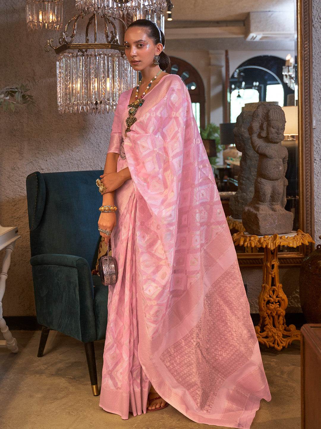 Pink Linen Saree With Blouse Piece