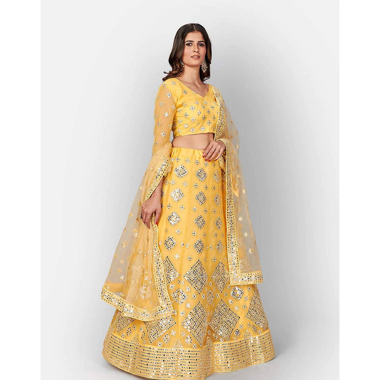 Mastrud Yellow Thread and Foil Mirror Cutwork Lehenga choli