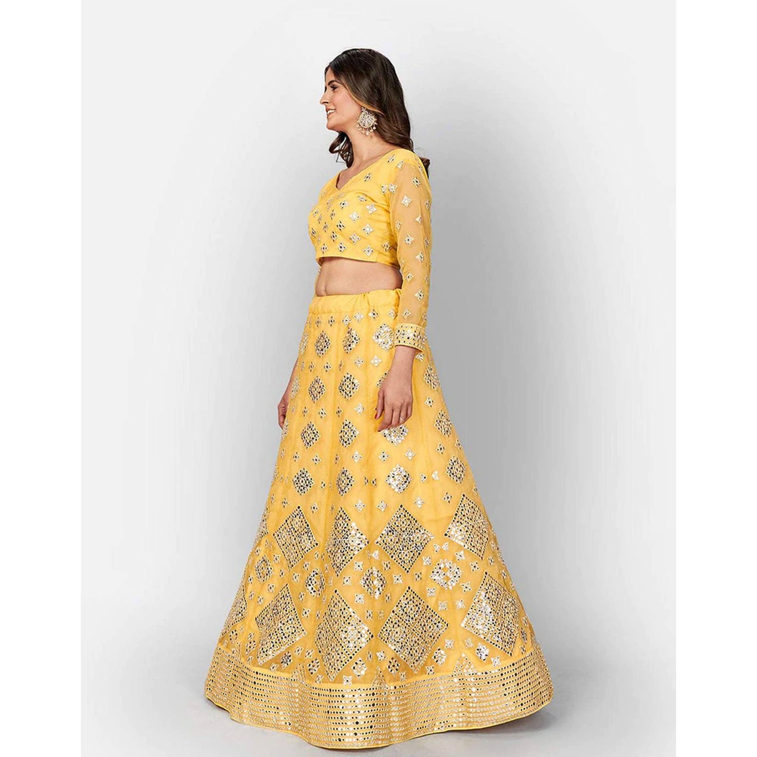 Mastrud Yellow Thread and Foil Mirror Cutwork Lehenga choli