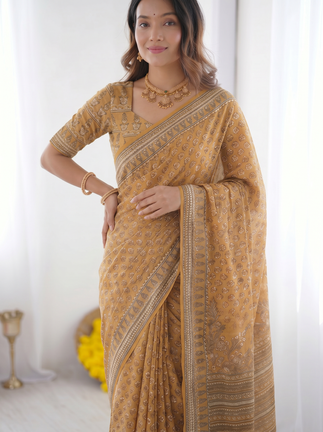 Mustard yellow modal silk saree with traditional floral butti prints heritage border elegant designer pallu