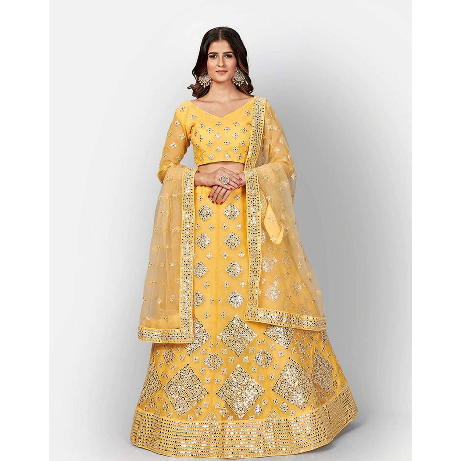 Mastrud Yellow Thread and Foil Mirror Cutwork Lehenga choli