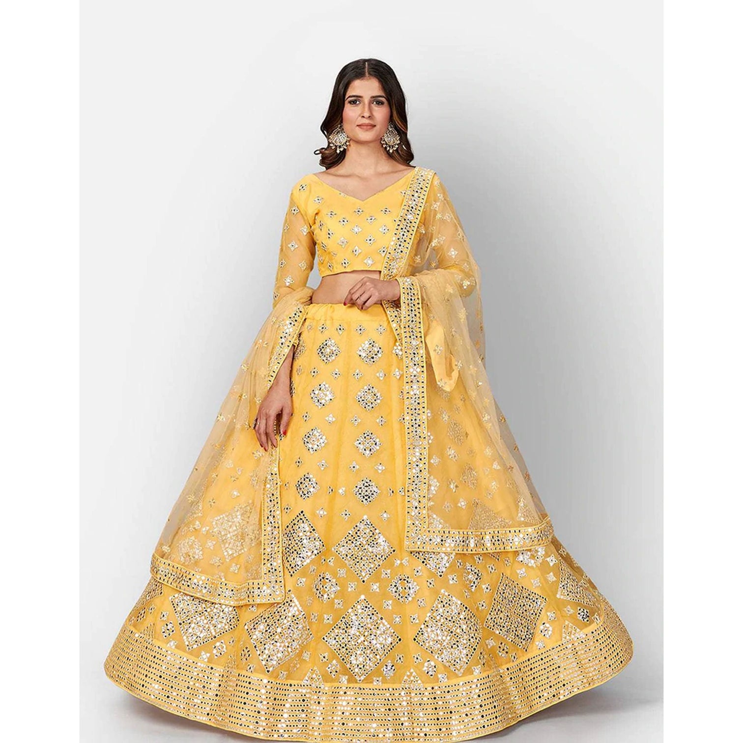 Mastrud Yellow Thread and Foil Mirror Cutwork Lehenga choli