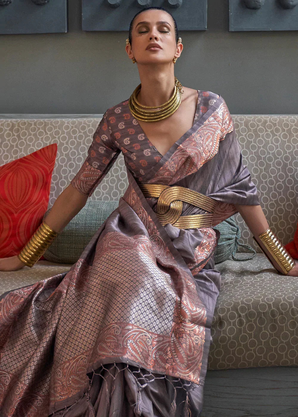 Stormy Grey Copper Zari Handloom Weaving Tussar Silk Saree