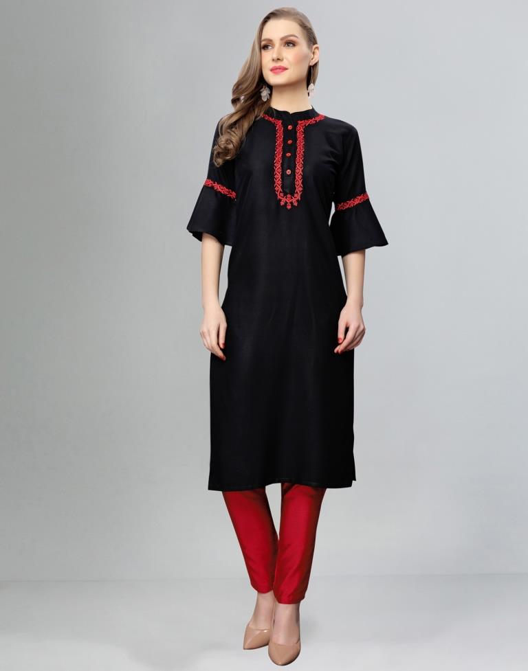 Refreshing Black Coloured Embroidered Rayon Kurti