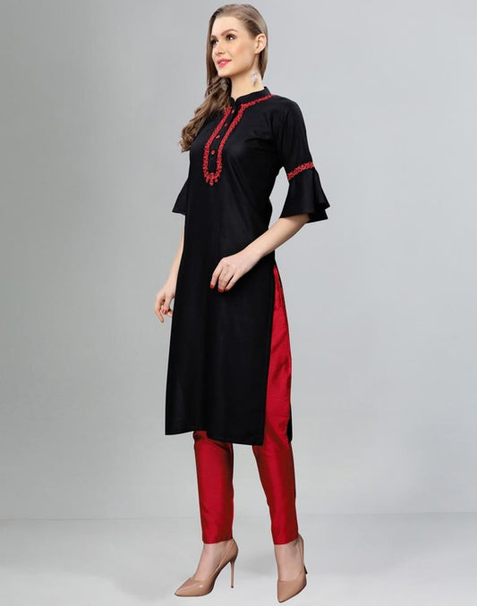 Refreshing Black Coloured Embroidered Rayon Kurti