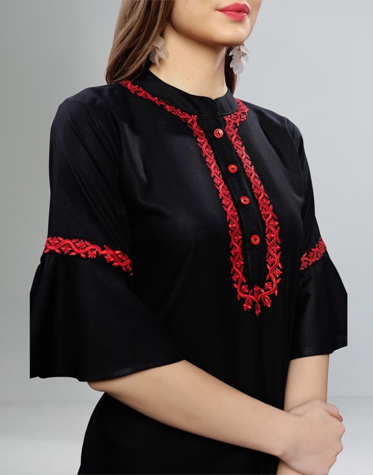 Refreshing Black Coloured Embroidered Rayon Kurti