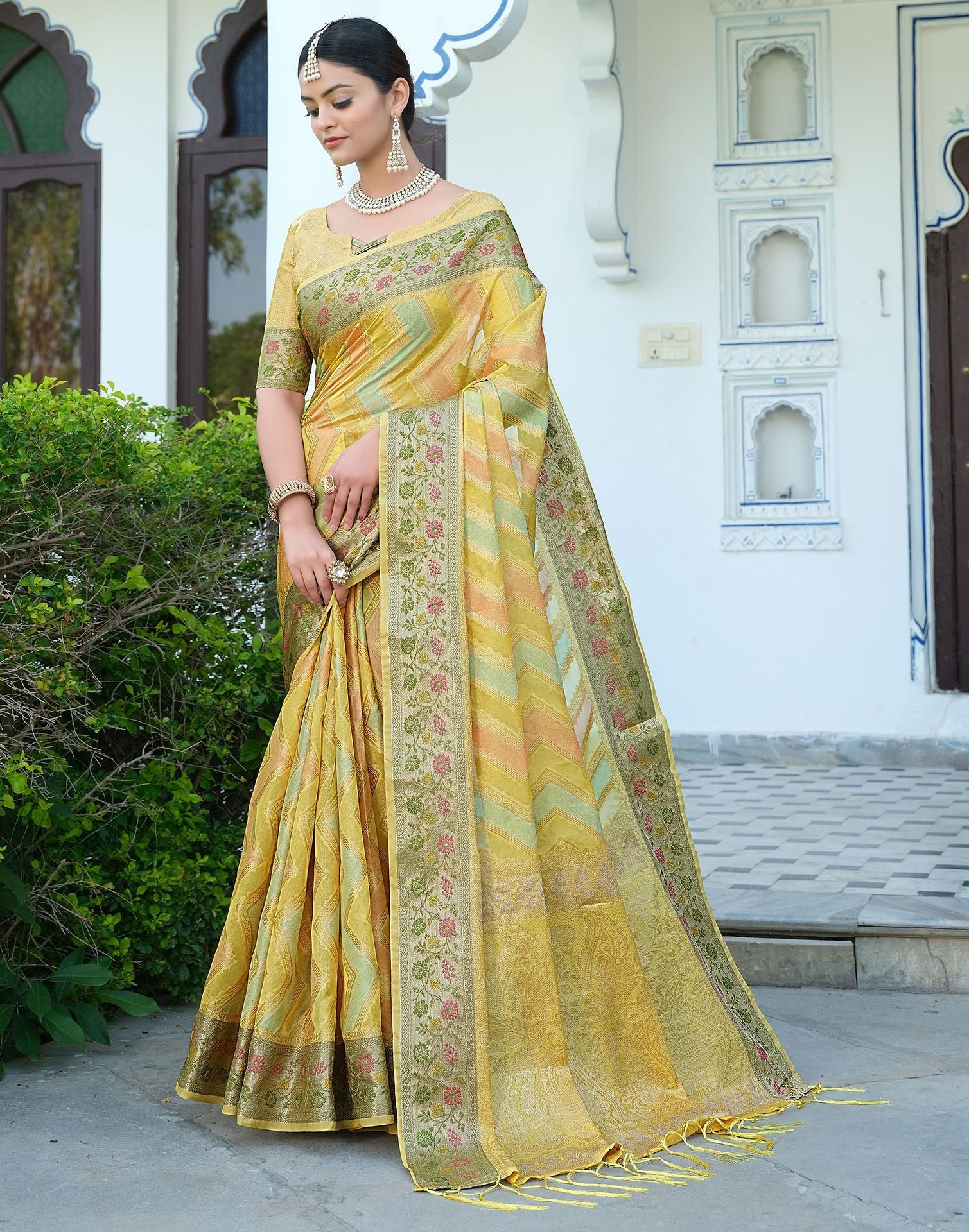 Yellow Woven Banarasi Organza Saree