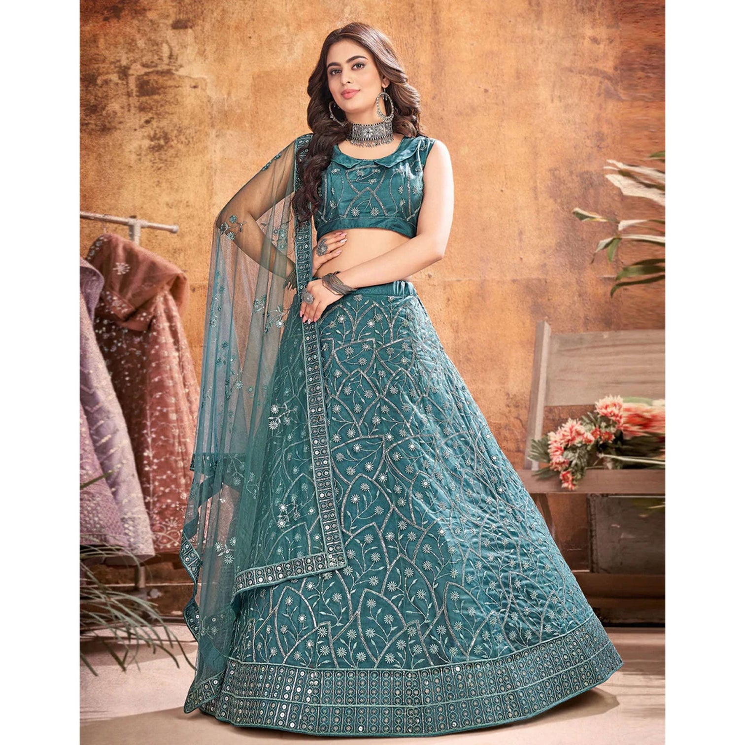 Dark Rama Thread and Sequence work Lehenga choli