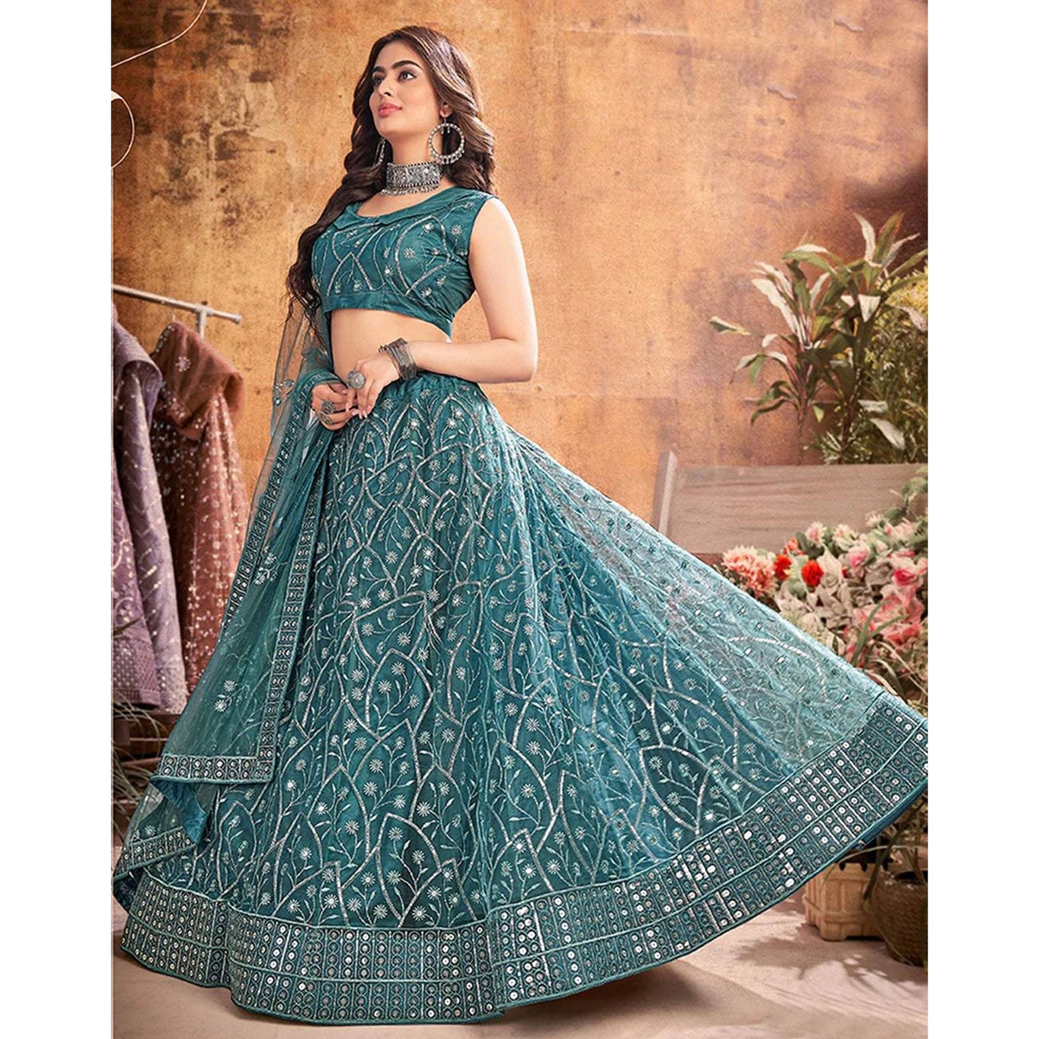 Dark Rama Thread and Sequence work Lehenga choli