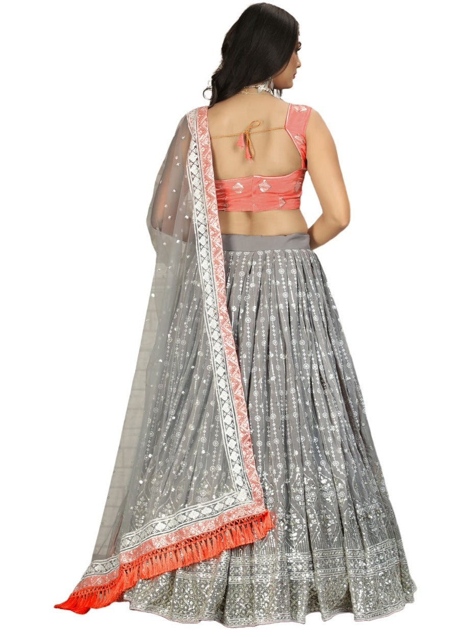 Grey color Lehenga choli with Peach Blouse and Net Dupatta