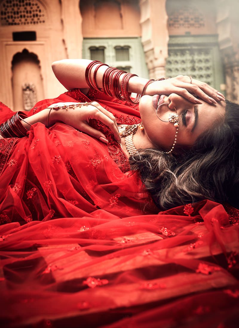 Designer Red Soft Net Base A-Line Lehenga Choli