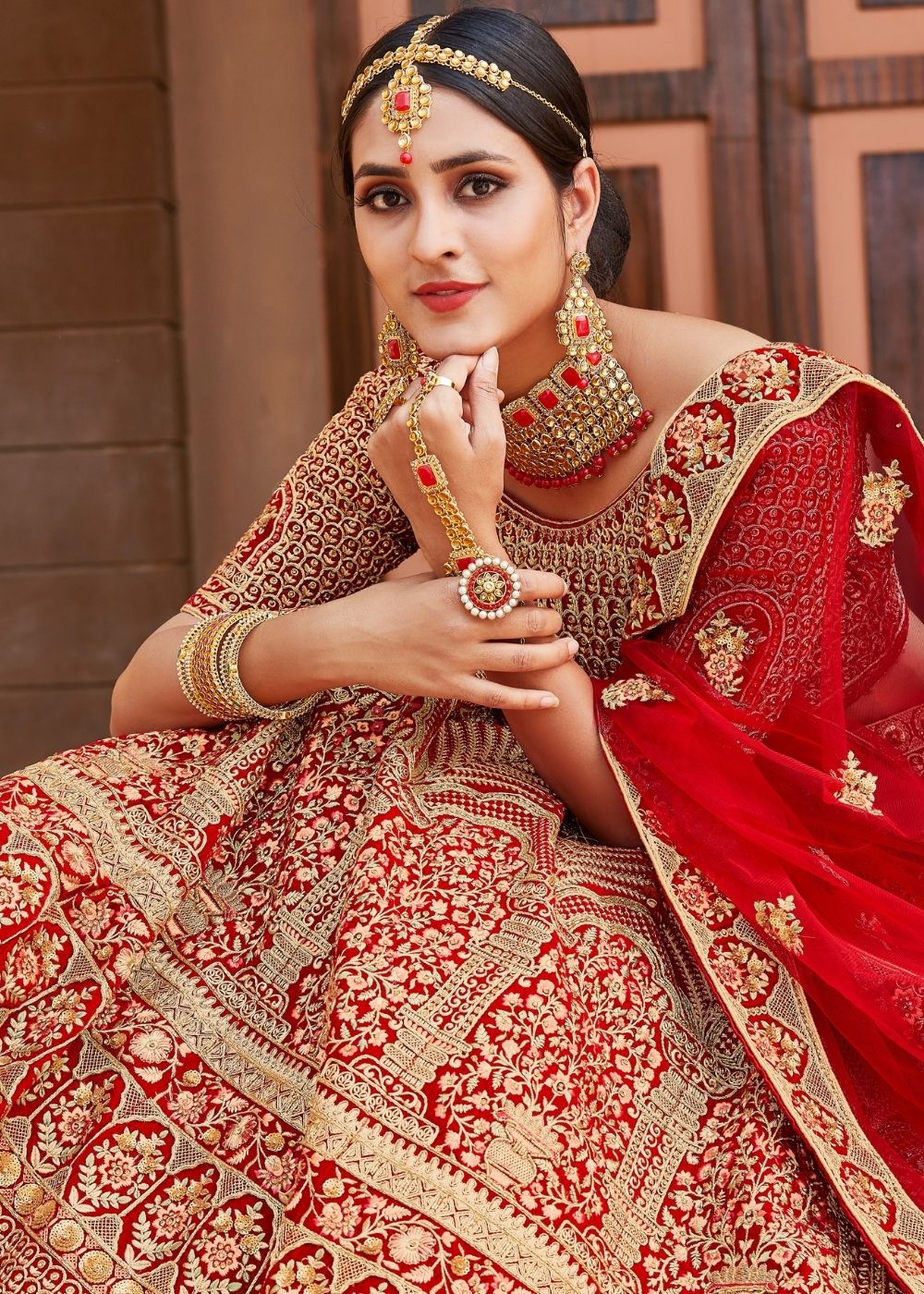 Crimson Red Velvet Bridal Lehenga Choli with Embroidery & Hand work
