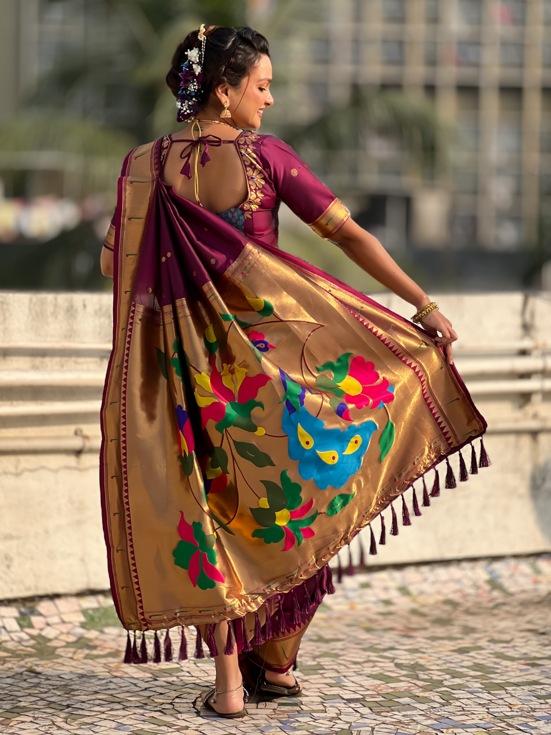 Wine wedding special nauvari paithani soft silk saree with zari woven polka motifs and peacock pallu