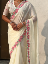 White Pure Crush Embroidered Saree with Multicolor Floral Motifs and Cutwork Border