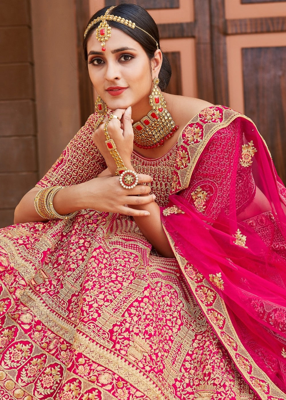 Rose Pink Velvet Bridal Lehenga Choli with Embroidery & Hand work