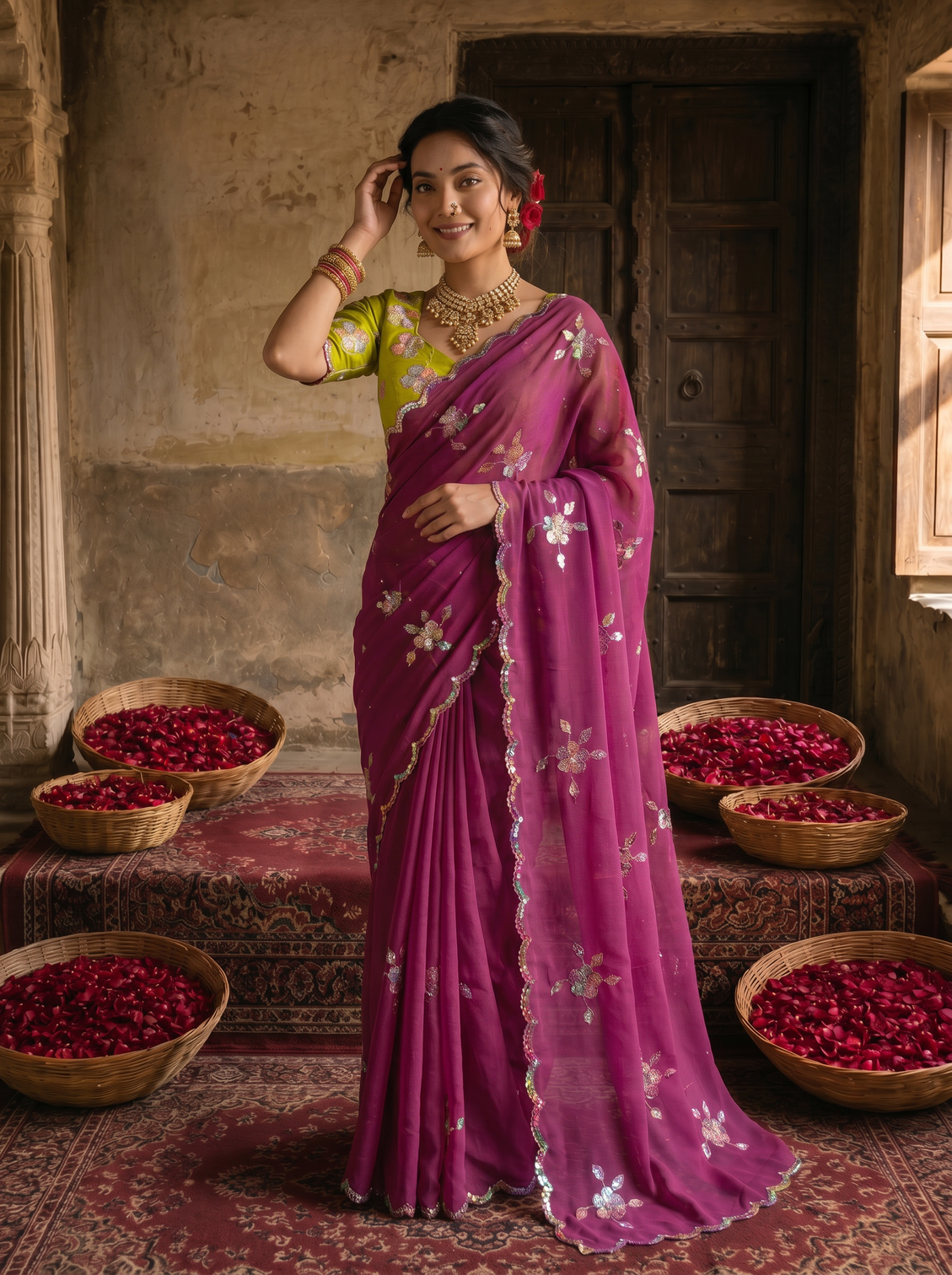 Magenta purple georgette embroidered saree with floral sequin work contrast lime green blouse