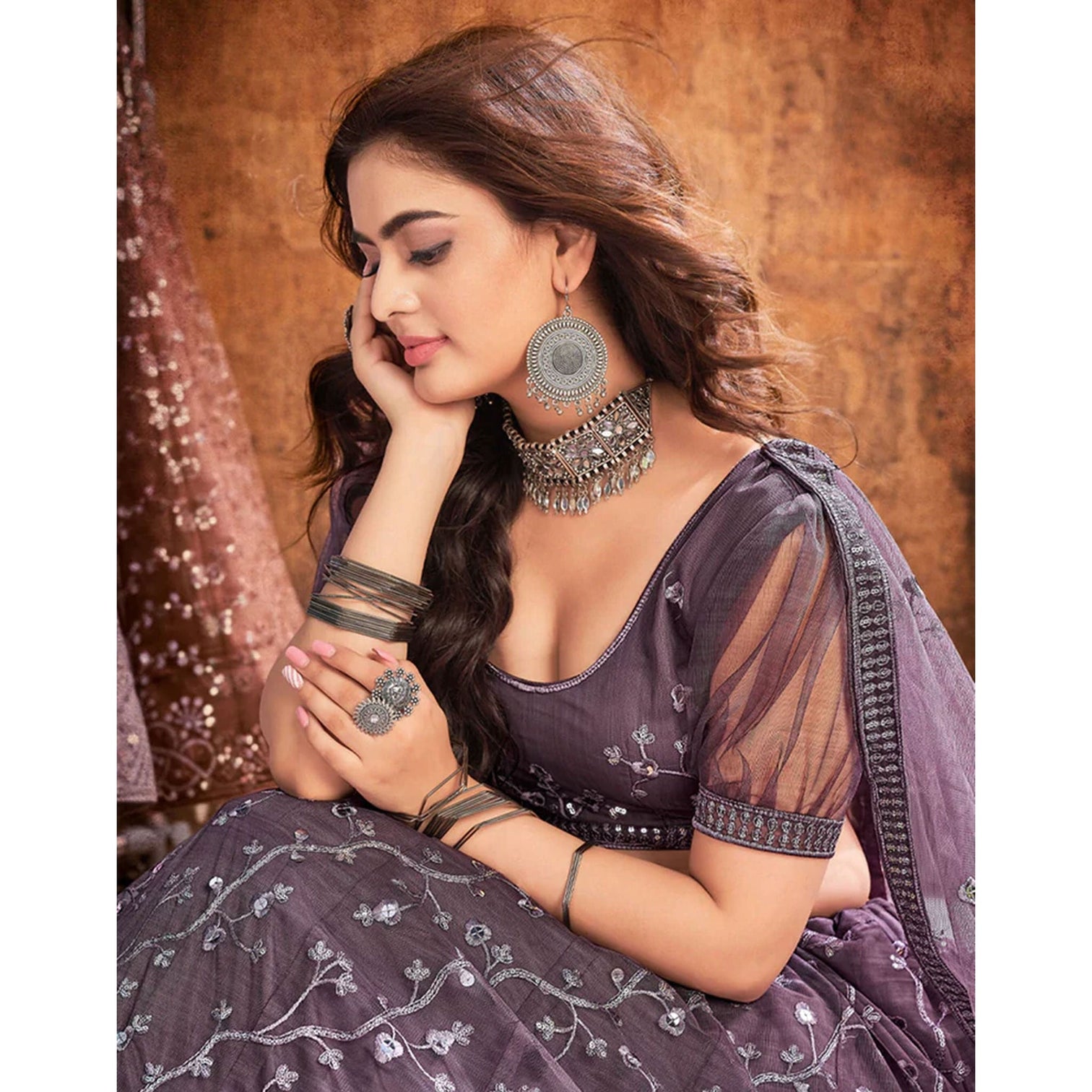 Warm Grey Thread and Sequence work Lehenga choli