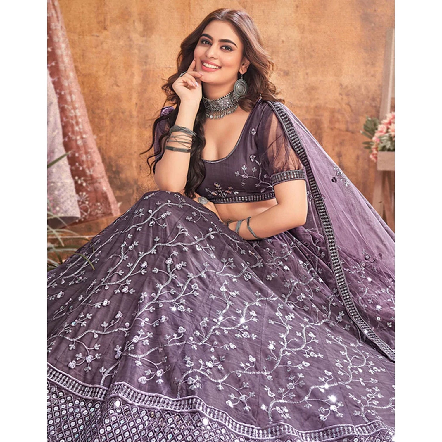 Warm Grey Thread and Sequence work Lehenga choli