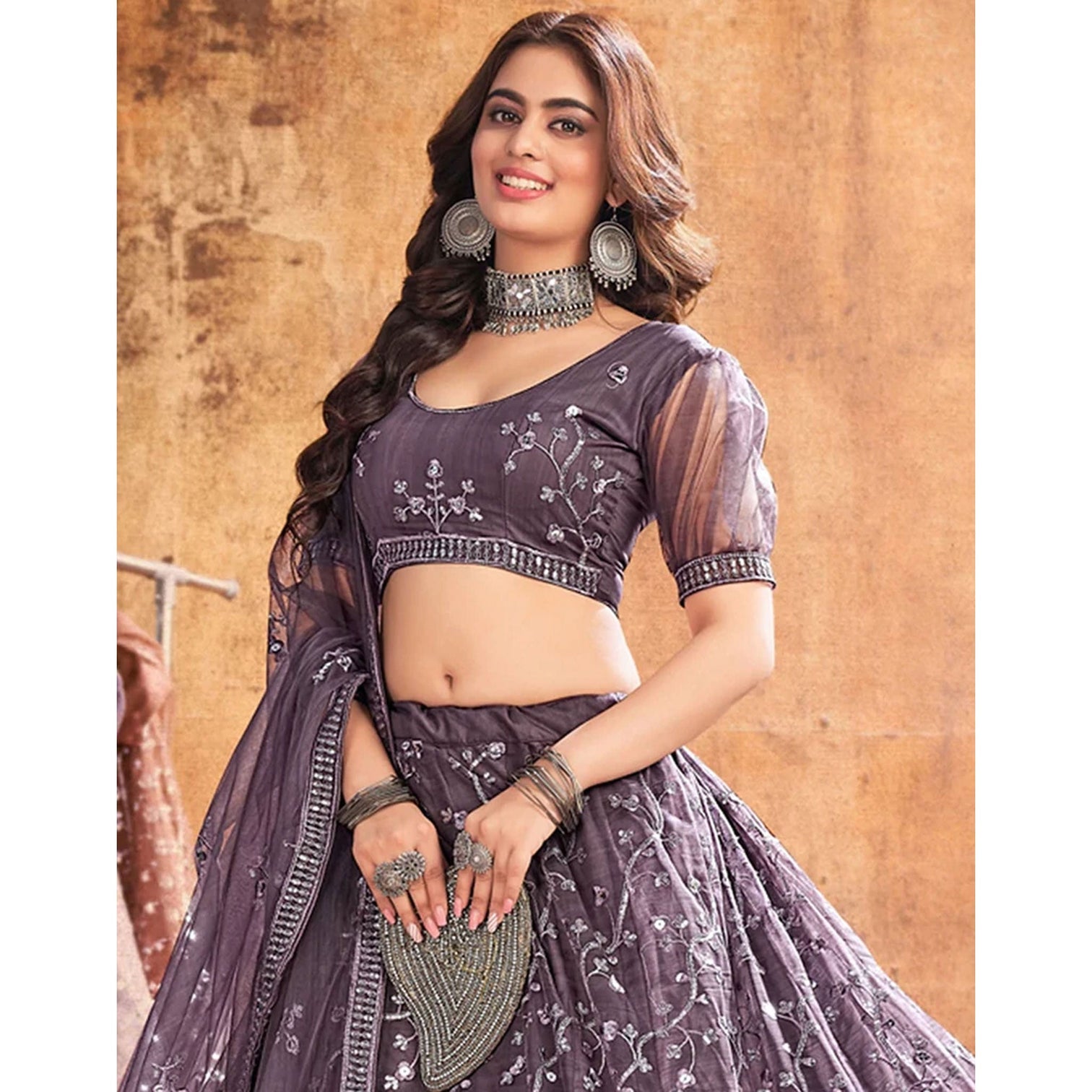 Warm Grey Thread and Sequence work Lehenga choli