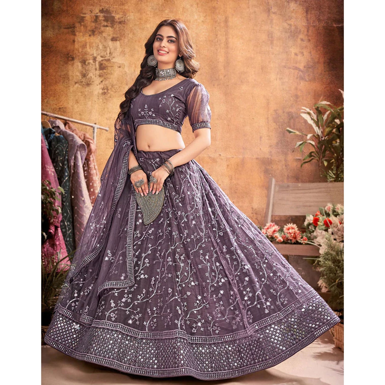 Warm Grey Thread and Sequence work Lehenga choli