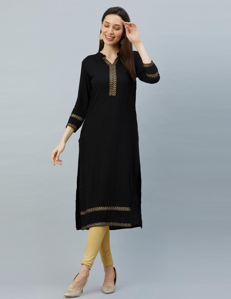 Versatile Black Coloured Laced, Foil Print Rayon Kurti