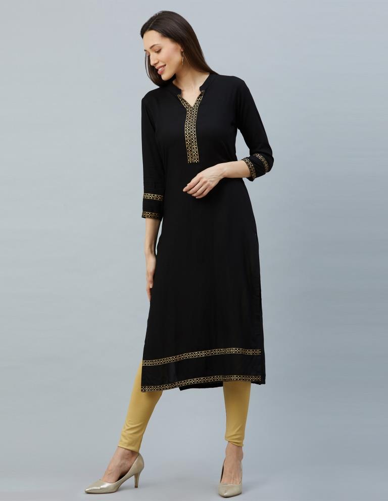 Versatile Black Coloured Laced, Foil Print Rayon Kurti