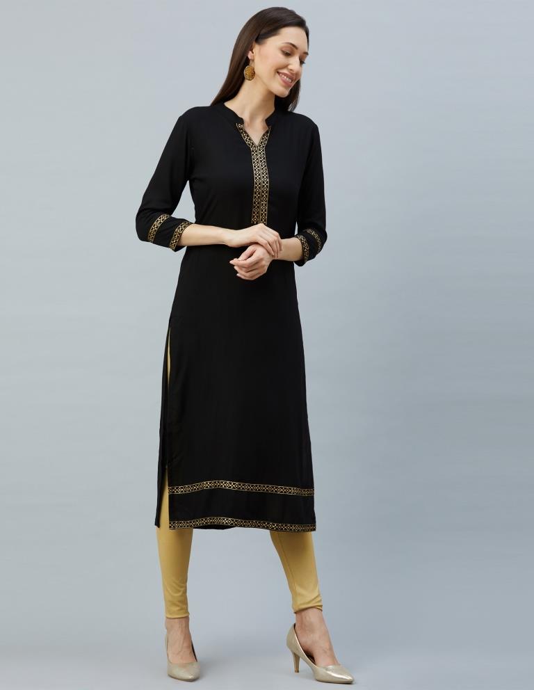 Versatile Black Coloured Laced, Foil Print Rayon Kurti