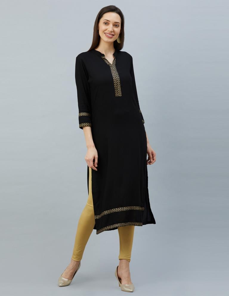 Versatile Black Coloured Laced, Foil Print Rayon Kurti